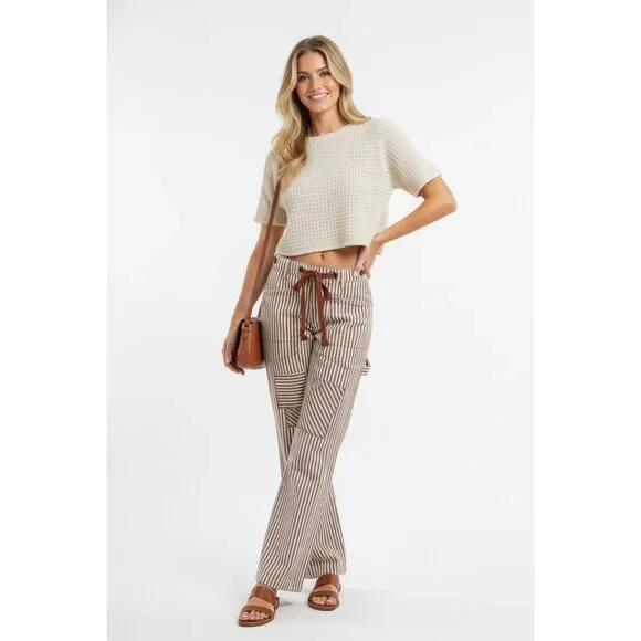 BiBi Drawstring Striped Twill Barrel Pants - Picture 3 of 3